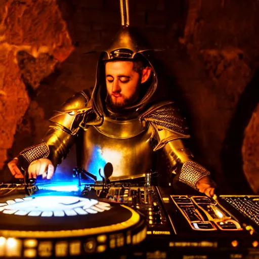 Prompt: photograph of a dubstep dj in medieval crusader armor djing during a medieval party, 8 k resolution, high detail