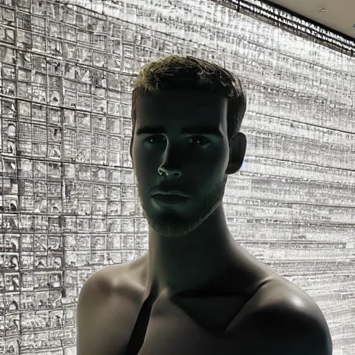 Image similar to “ a realistic detailed photo of a guy who is an attractive humanoid who is half robot and half humanoid, who is a male android, actor liam hemsworth, shiny skin, posing like a statue, blank stare, at the museum, on display ”