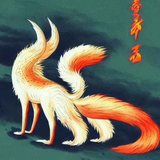 Prompt: a nine tailed fox, kitsune, japanese folklore, realistic depiction