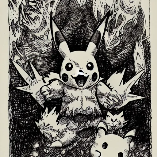 Prompt: pikachu as a D&D monster, full body, pen-and-ink illustration, etching, by Russ Nicholson, DAvid A Trampier, larry elmore, 1981, HQ scan, intricate details, Monster Manula, Fiend Folio