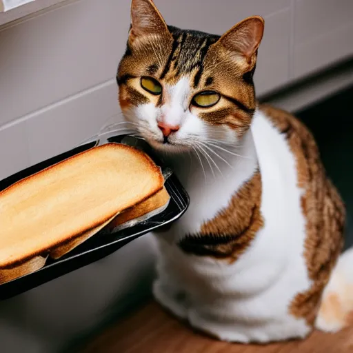 Image similar to a cat makes a ham sandwich in a kitchen, 85mm f1.8