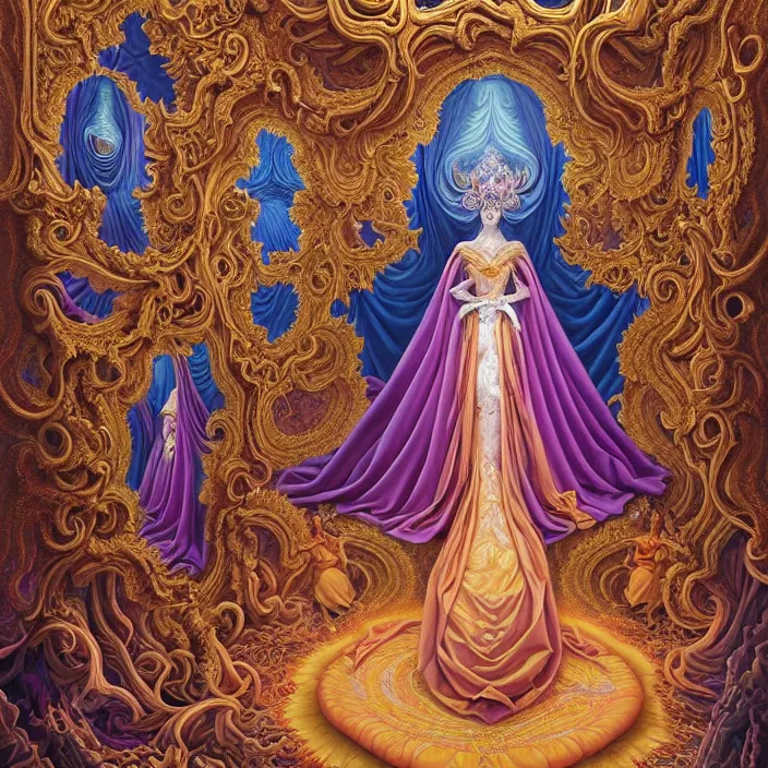 Image similar to beautiful oil painting, full length portrait of dauphinois in baroque coronation robes 1701, Dan Mumford, Dan Mumford, Alex grey, hyacinthe rigaurd, highly detailed , lsd visuals, dmt fractal patterns, hallucinogen, visionary art, psychedelic art, ornate, vaporwave, baroque, Greg rutkowski