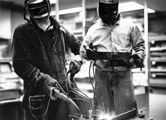 Image similar to welder in welding mask at the supermarket, by richard avedon, tri - x pan stock