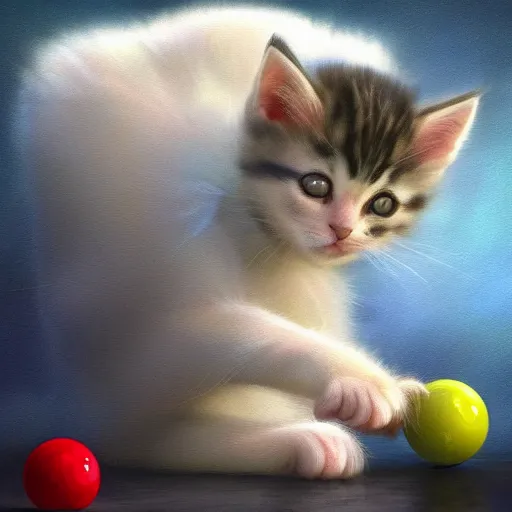 Image similar to beautiful digital realistic painting of a cute kitten playing with a ball of yarn painted by Alexander Jansson, colorful,4k unreal engine, Trending on artstation