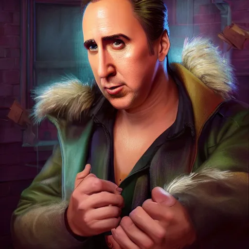 Image similar to fantasy comic book style portrait painting of Nick Cage with blonde hair dancing, unreal 5, DAZ, hyperrealistic, octane render, cosplay, RPG portrait, dynamic lighting