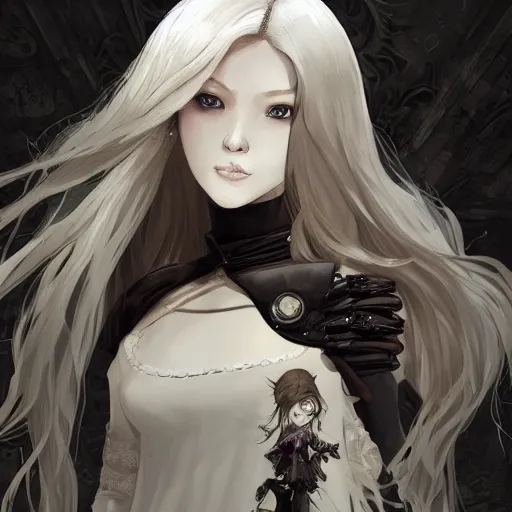 Prompt: highly detailed portrait of a pretty necromancer lady with wavy blonde hair, by Dustin Nguyen, Akihiko Yoshida, Greg Tocchini, Greg Rutkowski, Cliff Chiang, 4k resolution, nier:automata inspired, bravely default inspired, vibrant but dreary grey, brown, black and white color scheme!!! ((Haunted mausoleum background))