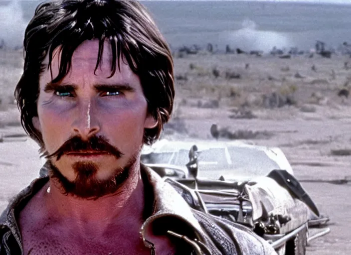 Image similar to film still of Christian Bale as Max in Mad Max 1979