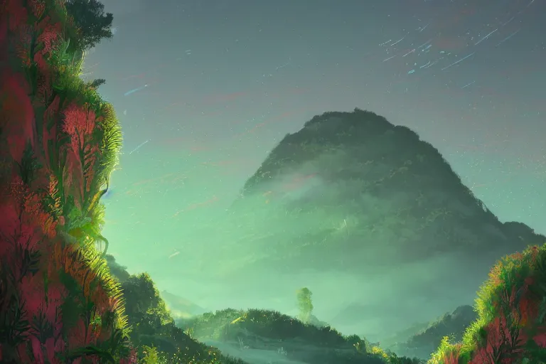 Prompt: a beautifully ultradetailed painting of a mysterious fern green location on top of a universe on the side of a mountain filled with giant orange and purple crystals illuminated by pastel pink fireflies, icy blue mist, morning shot, alena aenami, raphael lacoste, makoto shinkai, 4 k, trending on artstation