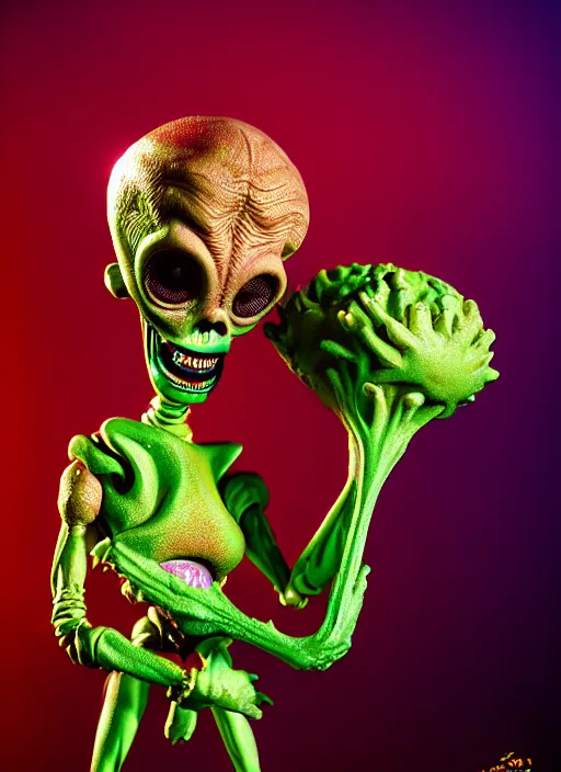 Image similar to hyperrealistic rendering, tim burton's mars attacks by richard corben and jeff easley, product photography, action figure, sofubi, studio lighting, colored gels, rimlight, backlight