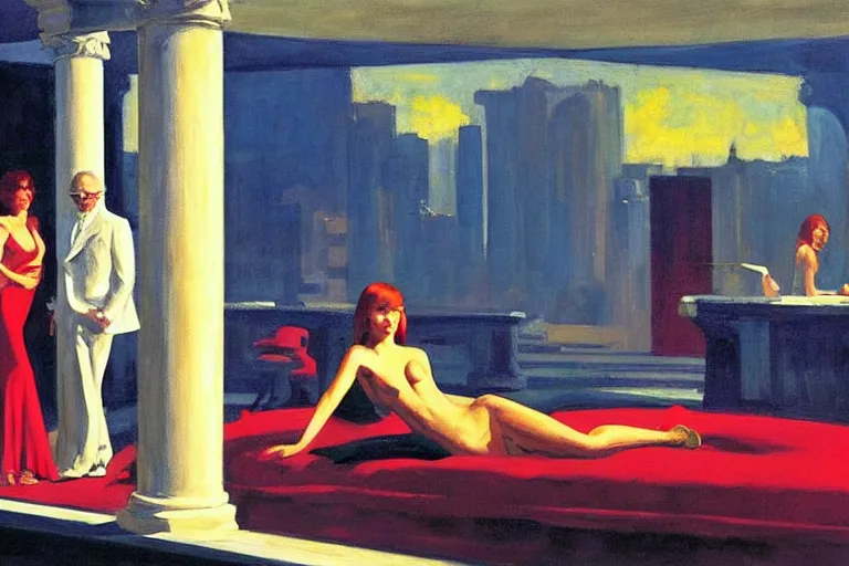 Image similar to hollywood babylon, on the qt, scandal sheet, painting by edward hopper and eric fischl and robert mcginnis