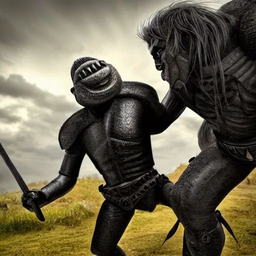 Image similar to knight in black armor fighting a tall troll, realistic, photo, fine detail, 8 k, hdr