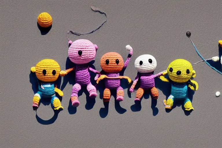 Image similar to a group of three crochet cute astronauts climbing a yarn wall. cute, illustration, digital art, inspired by little big planet, by greg rutkowski, detailed, sharp, masterpiece, highly detailed, photorealistic, octane render, 8 k, unreal engine 5, trending on artstation, vivid colors