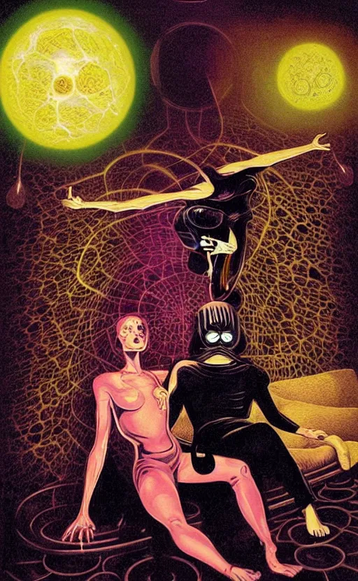 Prompt: Man and woman start to bounce in a living room of a house, floating dark energy surrounds the middle of the room. There is one living room plant to the side of the room, and another woman with siren body sitting on the sofa, surrounded by a background of dark cyber mystic alchemical transmutation heavenless realm, cover artwork by philippe caza, midnight hour, part by francis bacon, part by jeffrey smith, part by josan gonzales, part by norman rockwell, part by phil hale, part by kim dorland, rich deep color scheme, artstation, matte gouache illustration, highly detailed,