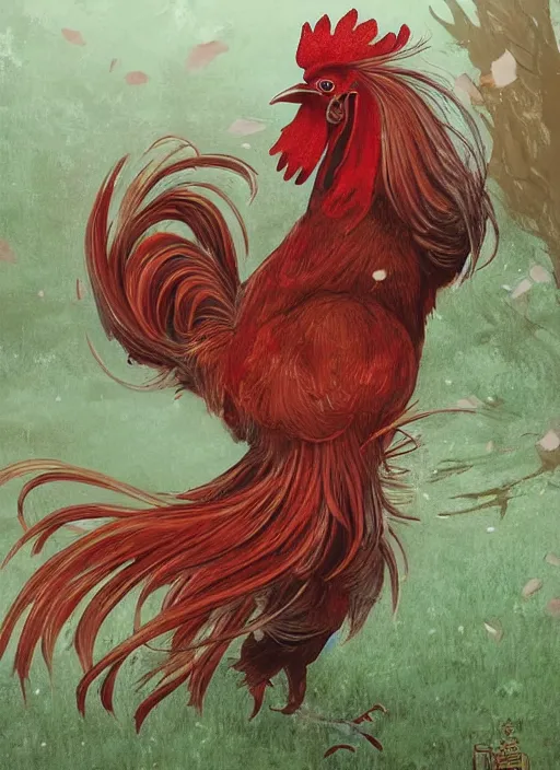 Prompt: a gorgeous rooster japanese art with a red scarf, medium long brown hair, green eyes, is looking at a bird, ethereal, horror, fantasy art by greg rutkowski and magali villeneuve and claude monet