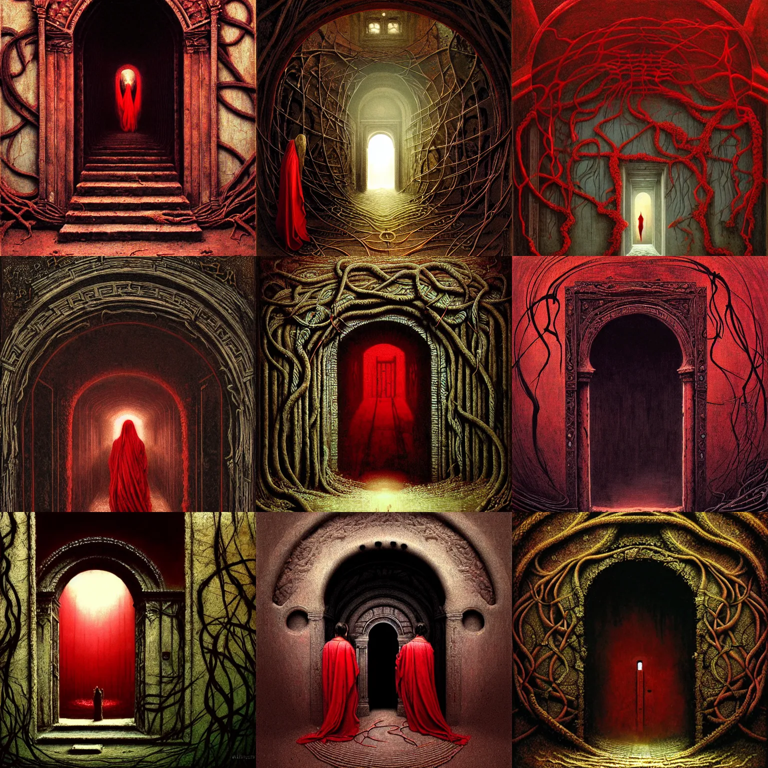 Prompt: opening of an ancient door with intricate design leading to a dark unknown, vines, painting, high detailed, muted colours, red robes, fantasy, particles, fog, tintoretto, beksinski, masanori warugai, wlop, wide shot