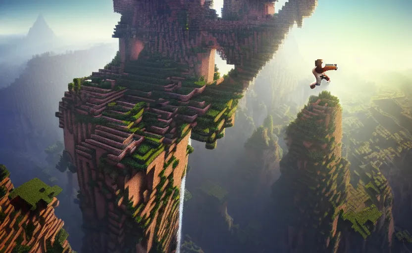 Ascendendo aos céus uma visão panorâmica realista de um mundo minecraft  teleporter stairs generative ai