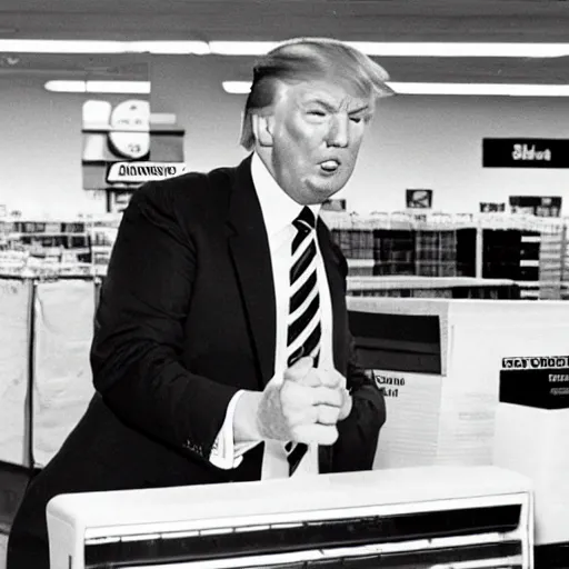 Image similar to Donald Trump working at Kmart in the 1980s, black and white photo,