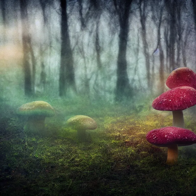 Image similar to a planet of various fungus like trees, mushrooms, flowers and plants, artistic photography, muted colors, conceptual, long exposure outside the city, volumetric light