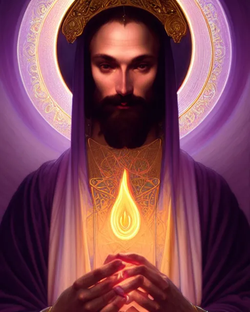 Image similar to symmetry portrait of saint germain and a violet flame, intricate, elegant, highly detailed, digital painting, artstation, concept art, smooth, sharp focus, illustration, art by artgerm and greg rutkowski and fra angelico and alphons mucha