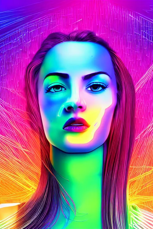 Image similar to a award winning half body portrait of a beautiful woman with stunning eyes in a croptop and cargo pants with rainbow colored ombre hairstyle head in motion and hair flying by thomas danthony, outlined by whirling illuminated neon lines, outrun, vaporware, shaded flat illustration, digital art, trending on artstation, highly detailed, fine detail, intricate