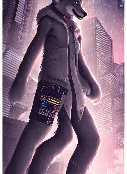 Image similar to character portrait of a male anthro wolf fursona with a tail and a cute beautiful attractive detailed furry face wearing stylish cyberpunk clothes in a cyberpunk city at night while it rains. hidari, color page, tankoban, 4K, tone mapping, Akihiko Yoshida.