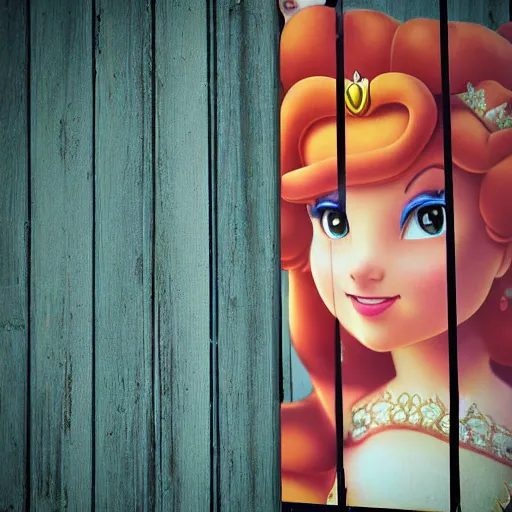 Image similar to poster of princess peach hanging on a wooden wall, realistic photo