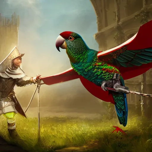 Image similar to Giant green Quaker parrot fights with medieval knight. Enchained, restrained. Bloom, volumetric lighting. Fantasy, digital painting, HD, 4k, detailed.