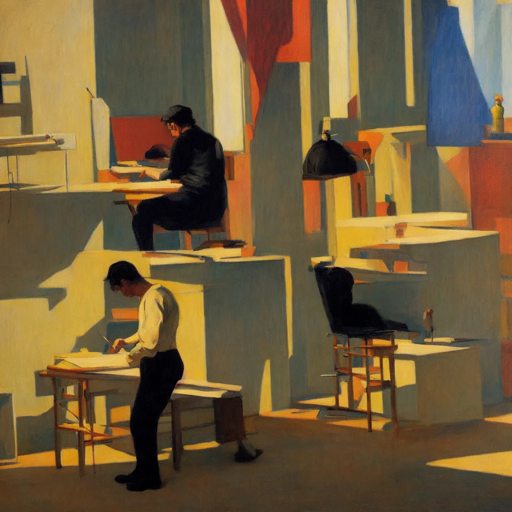 Image similar to painting of a artist, creating in his studio alone, in a huge studio, in the style of edward hopper