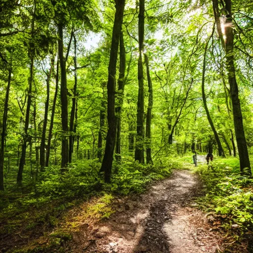 Prompt: walk in nature on lsd, in a forest by a lake, trail with green trees, ultra realistic, high detail, 4 k