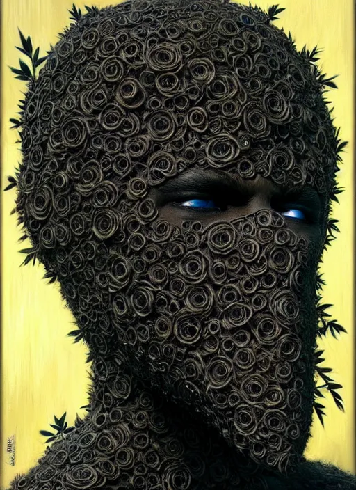Image similar to an black suit with a flowery shrub growing out of the neck hole instead of a head, intricate, highly detailed, concept art, hyperrealistic, oil painting by greg staples, 8 k