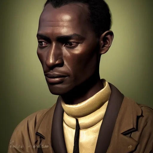 Image similar to A Crusader Kings II portrait of an African man with high cheekbones. Good bone structure. Dressed in 1940s style. Highly detailed, fine Art, high detail, great lighting, 8k resolution, masterpiece, concept art, illustration, clear eyes, painting oil on canvas, octane render, HDR, trending on artstation, 4k, 8k, HD