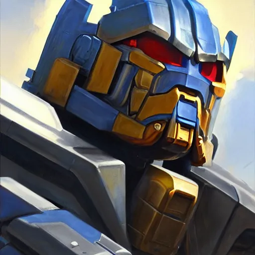 Image similar to greg manchess portrait painting of optimus prime the transformer as overwatch character, medium shot, asymmetrical, profile picture, organic painting, sunny day, matte painting, bold shapes, hard edges, street art, trending on artstation, by huang guangjian, gil elvgren, ruan jia, greg rutkowski, gaston bussiere