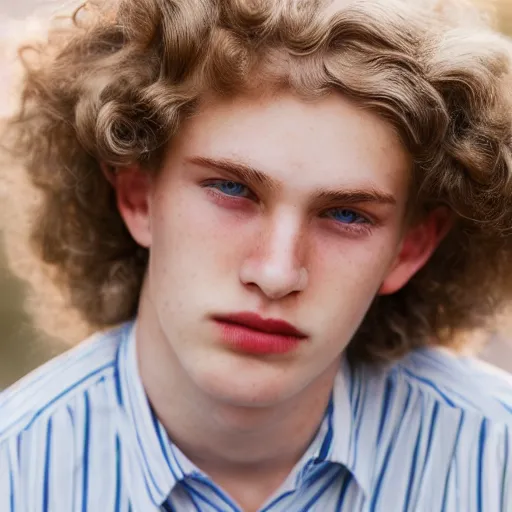 Prompt: close up of 1 8 year old man with wavy / curly light blonde hair, blue eyes, pale complexion, wearing 1 9 5 0 s clothing, 8 5 mm f / 1. 4