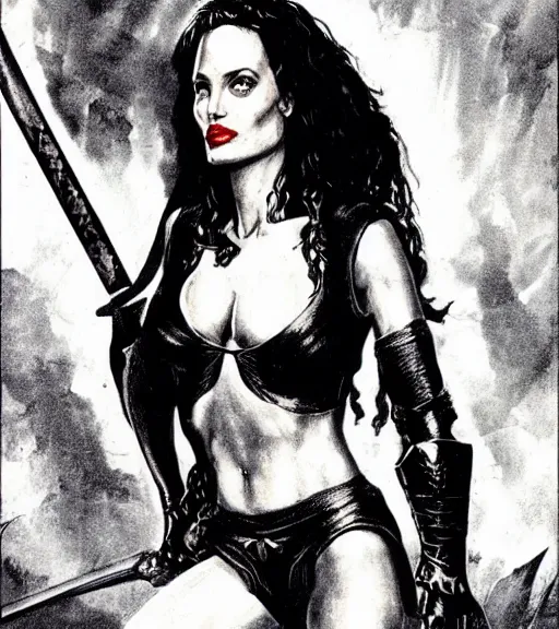Image similar to 1 9 8 0 s fantasy novel book cover, amazonian angelina jolie in extremely tight bikini armor wielding a cartoonishly large sword, exaggerated body features, dark and smoky background, low quality print