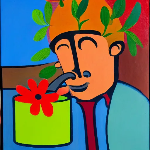 Image similar to man pouring water on head, flowers are in a pot on his head, the pot is part of his head, abstract expressionism, oil on canvas