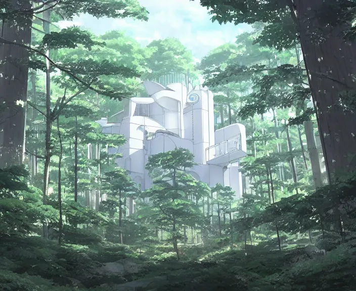 Prompt: A large white science facility built in a forest, peaceful and serene, incredible perspective, soft lighting, anime scenery by Makoto Shinkai and studio ghibli, very detailed