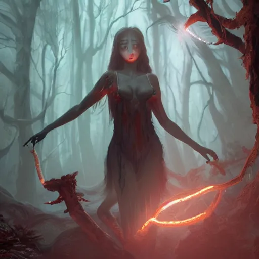 Prompt: a portrait of a succubus in a bioluminescent ancient dark forest, greg rutkowski, 8 k, shallow depth of field, intricate detail, concept art,