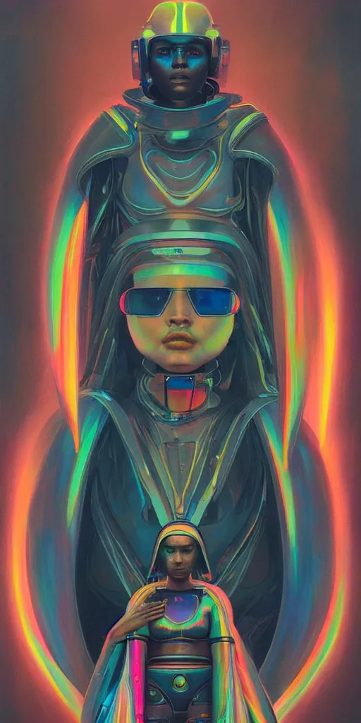 Image similar to patron saint of 🛸🌈👩🏾, futuristic clothing, neon god of city character portrait, in the style of moebius, tom bagshaw, and waterhouse, cinematic lighting, beautiful, elegant, oil painting,