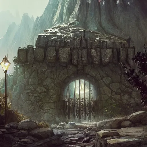 Image similar to beautiful digital painting of front gate of dwarf city of Erebor from Hobbit trending on Artstation, by Daniel Dociu and Greg Rutkowski, high quality, ultra detailed, ultra realistic, concept art, landscape, architecture, city gate