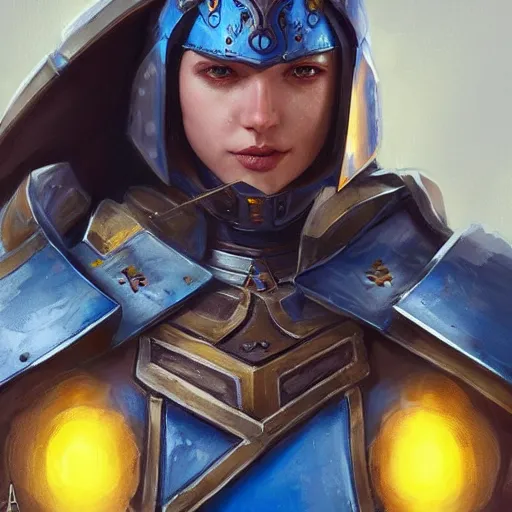 Prompt: Ukrainian knight, blue and yellow armour,, D&D, painted fantasy character portrait, highly detailed, digital painting, artstation, concept art, sharp focus, illustration, art by artgerm and greg rutkowski and alphonse mucha