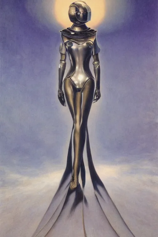 Image similar to full body portrait of beautiful gothic and futuristic fashion model, elegant space armour, cyber armour, highly detailed, artstation, illustration, composition, 8 k quality, art by jean delville, rene magritte, hyperrealism oil painting