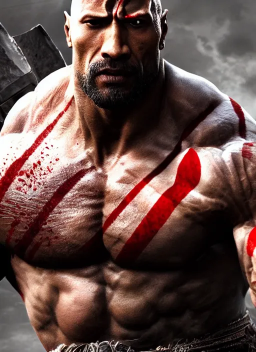 Prompt: film still, a highly detailed beautiful closeup photo of dwayne johnson kratos hybrid god of war holding a sword and fighting zombies on a pile of human skulls, spartan warrior, olympian god, muscular!,, action pose, ambient lighting, volumetric lighting, octane, fantasy