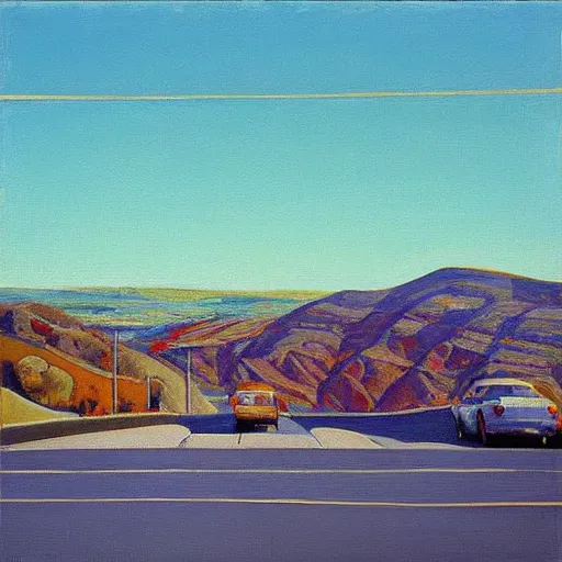 Image similar to “Wayne thiebaud painting of hilly streets and blue skies”