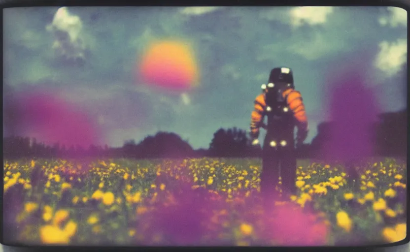 Prompt: analog polaroid of an astronaut from behind, in a field full of colourful flowers, black sky visible in the background, purple and orange color bleed