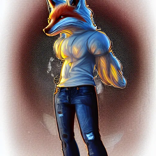 Image similar to A fox wearing a t-shirt and jeans, trending on FurAffinity, energetic, dynamic, digital art, highly detailed, FurAffinity, digital fantasy art, FurAffinity