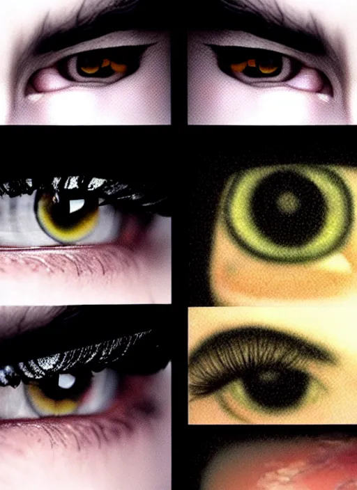 Image similar to grid montage of cube shaped eyes, square shaped black dilated pupils, cube shaped irises, detailed colored textures, eyelashes, advanced art, art styles mix, from wikipedia, wet reflections in square eyes, sunshine light, hd macro photograph, from side, various eyelid positions, square black pupil centered