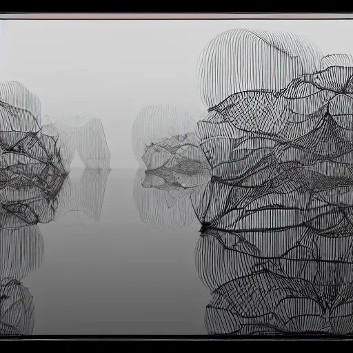 Image similar to remains of the stems of lotus flowers mirrored on a river and looking like sharp geometric scribbles, soft Chinese bridge contour far in the background, light fog, highly detailed black and white photograph by René Burri, 35mm, f/11, ISO 100, concept art, cgsociety, octane render, trending on artstation, artstationHD, artstationHQ, unrealengine