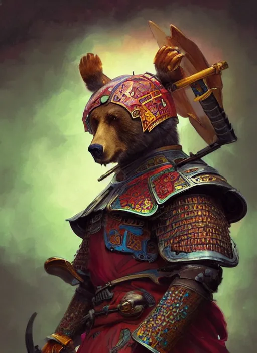 Prompt: portrait of anthropomorphic bear in samurai armor, colorful, highly detailed, digital painting, artstation, concept art, smooth, sharp focus, illustration, art by artgerm and greg rutkowski and alphonse mucha