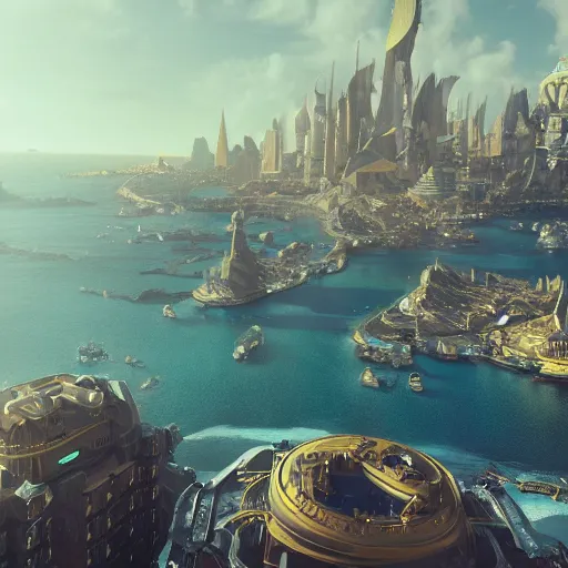 Image similar to a golden fantasy sci fi luxurious city with cerulean oceansides, scandinavian / norse influenced, cinematic, ray traced, octane render, cinematic lighting, ultrarealistic, featured on artstation 8 k uhd artwork