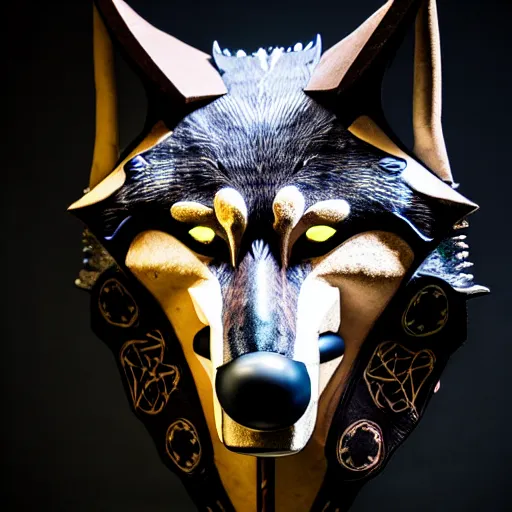 Prompt: mask of wolf - shaman, studio photo, lighting